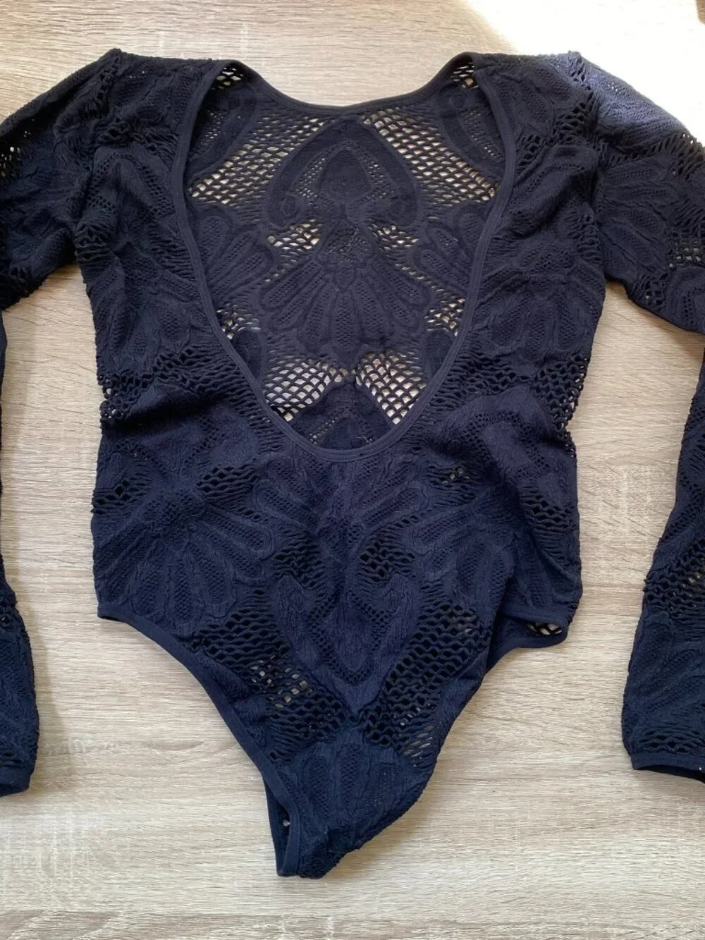 Zara Long-Sleeve Boatneck Sheer Bodysuit Black XS